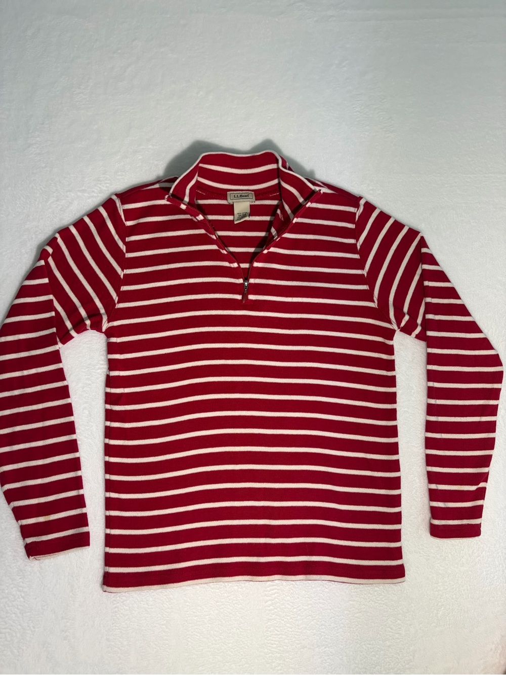 LL BEAN Classic Red & White Striped Women’s Quarter-Zip Sweater- Cotton